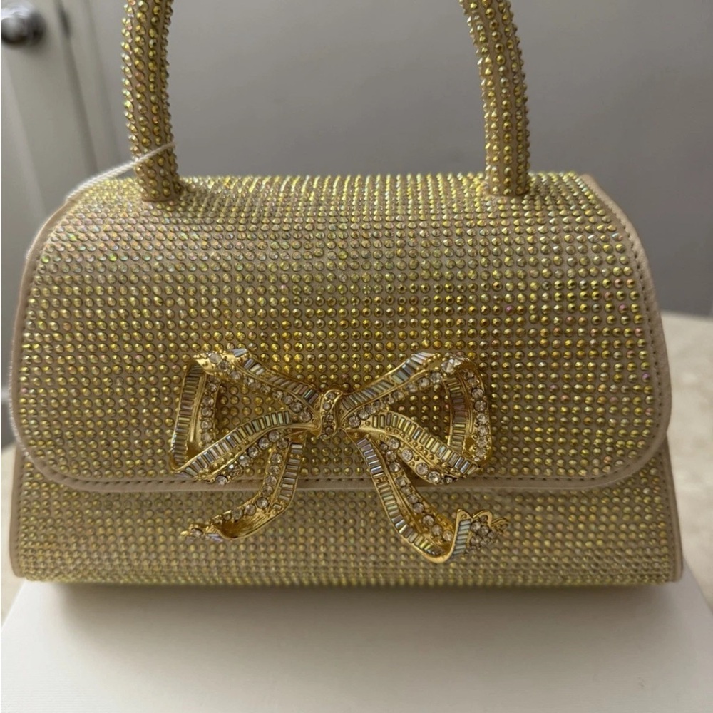 Self Portrait Black Hotfix Bow Mini Envelope Bag NWT With Box - Beige/Gold